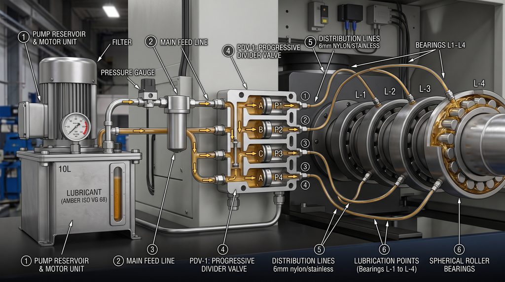 Diagram prinsip kerja penyaluran pelumas otomatis terpusat autolube system