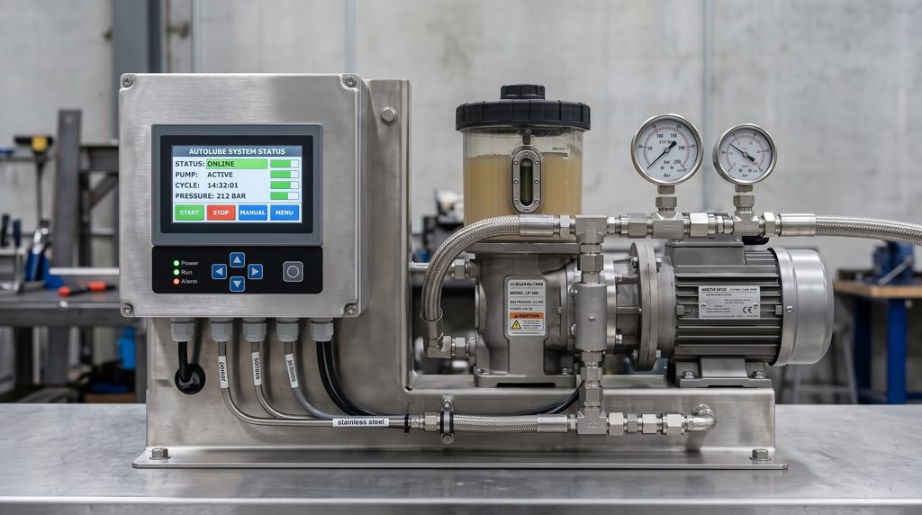 Komponen utama autolube system pompa grease dan panel kontrol pintar